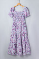 Purple Plus Size Floral Print Square Neck Smocked Maxi Dress