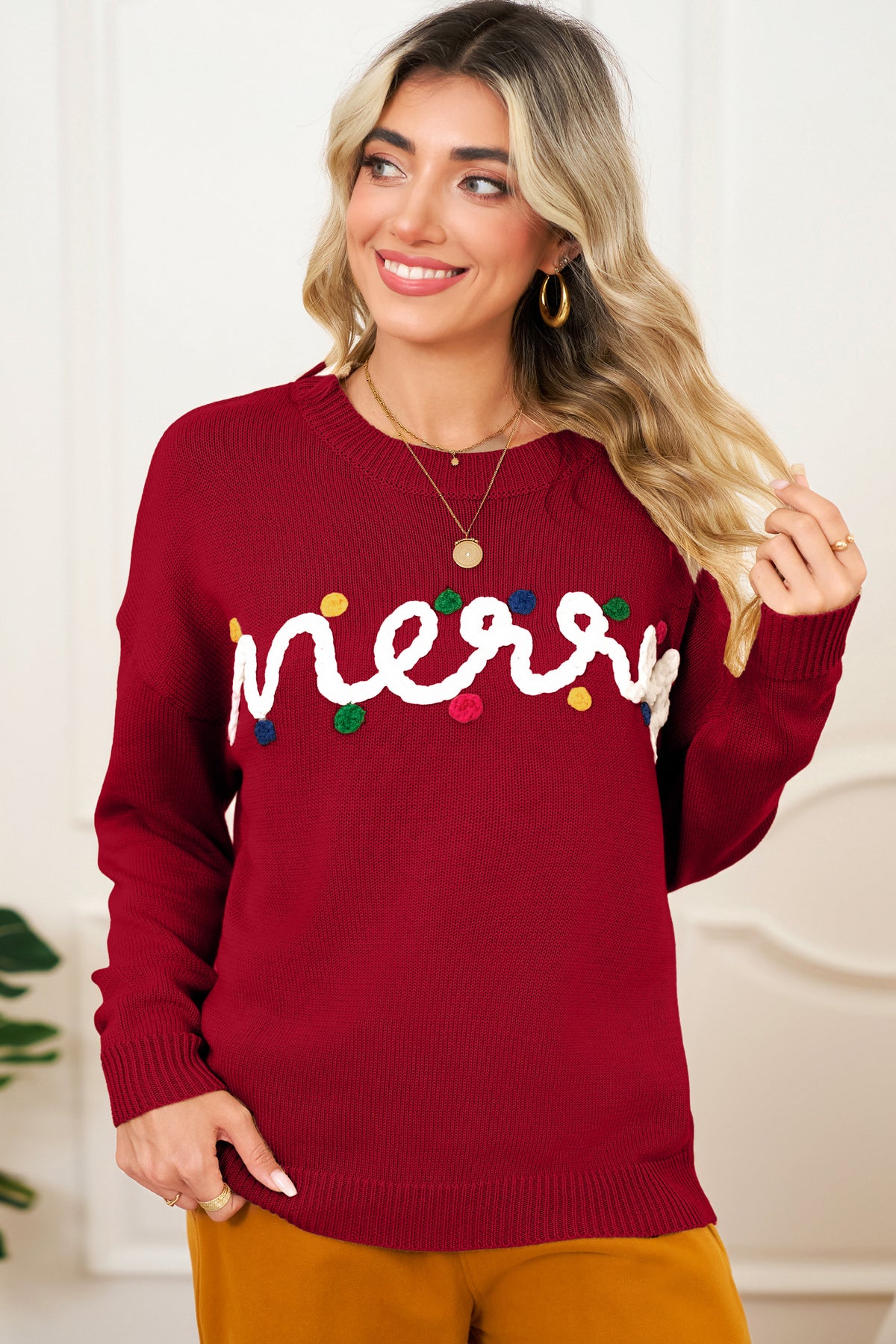 Racing Red Merry Colorful Dot Detail Christmas Dolman Sweater