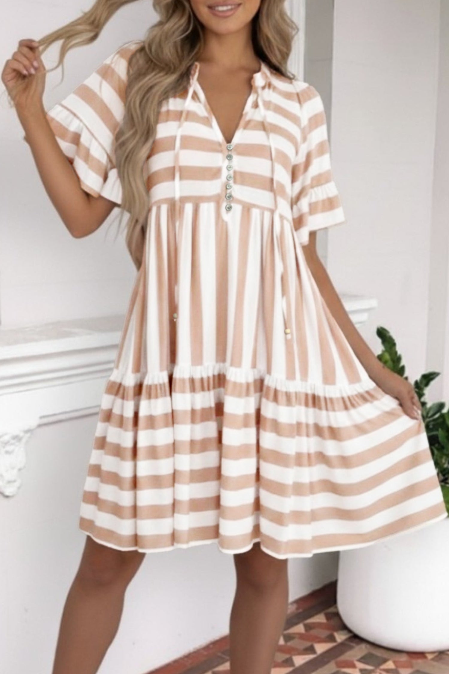 Khaki Stripe Tie V Neck Ruffle Trim Short Sleeve Flared Summer Dress