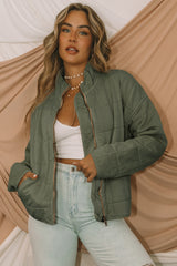 Green Zip Up Pocket Quilted Cropped Jacket