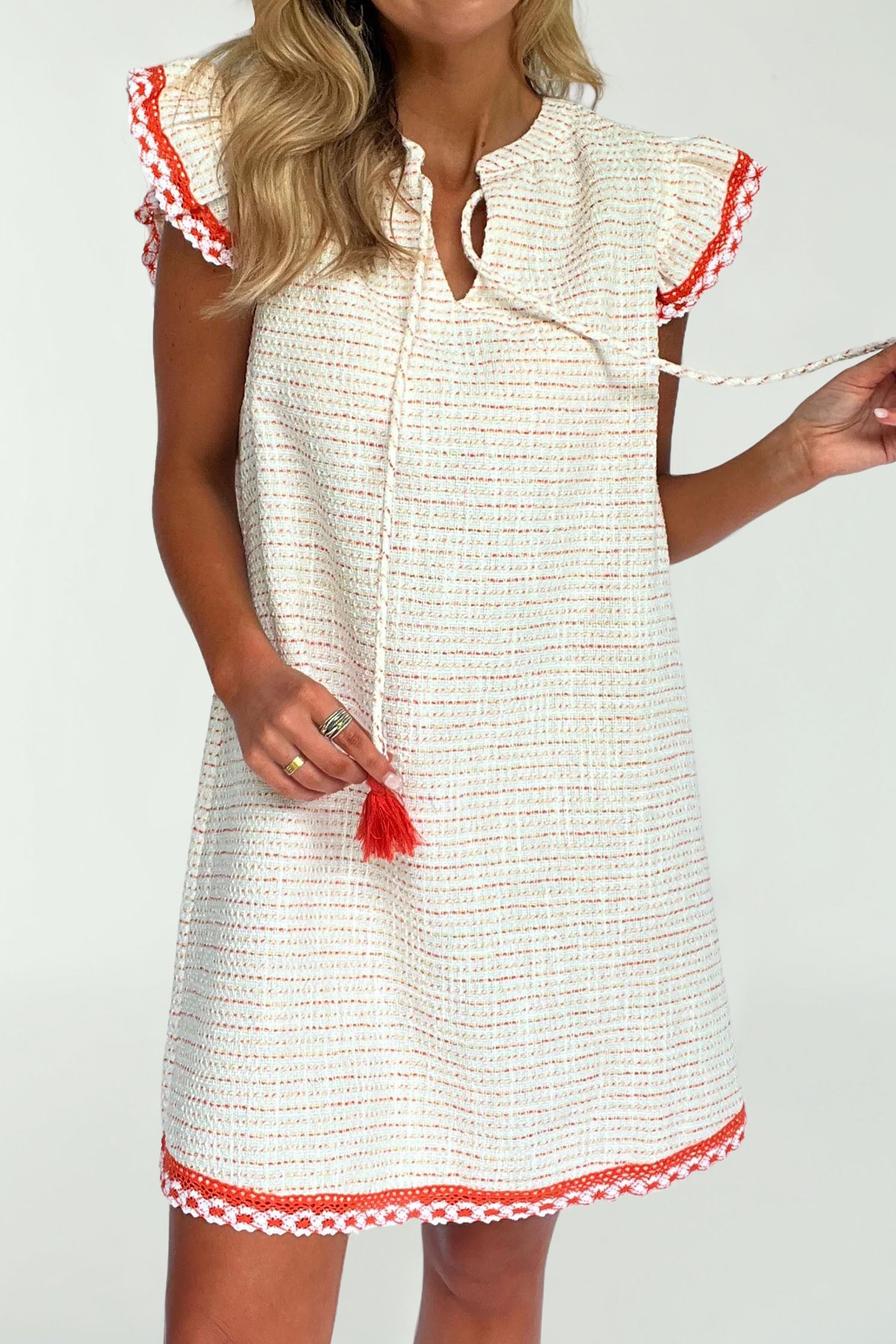 White Jacquard Textured Contrast Trim Short Sleeve Tassel Tie Shift Dress