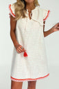 White Jacquard Textured Contrast Trim Short Sleeve Tassel Tie Shift Dress