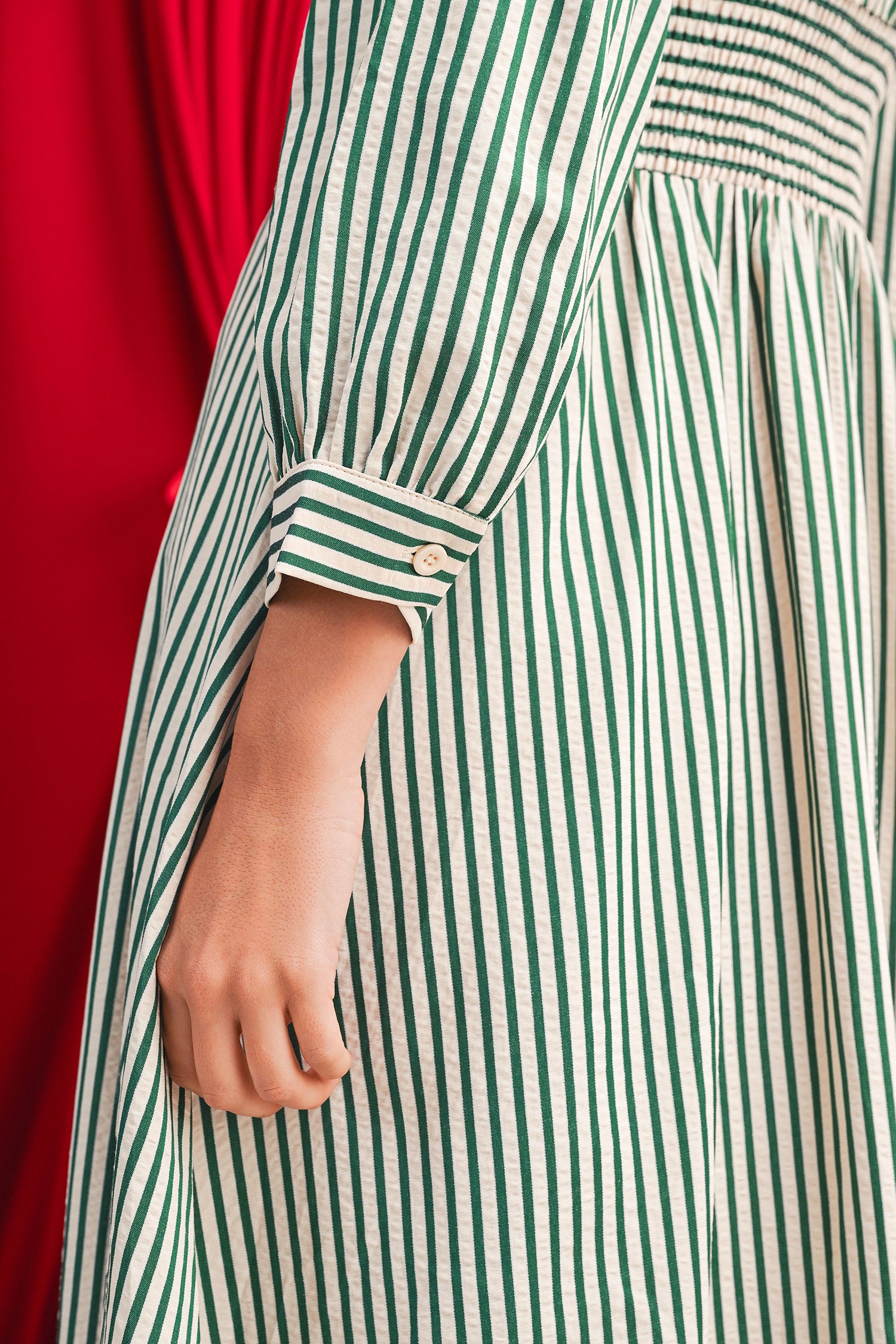 Green Striped V Neck Zip Front Cinched High Waist Midi Dress