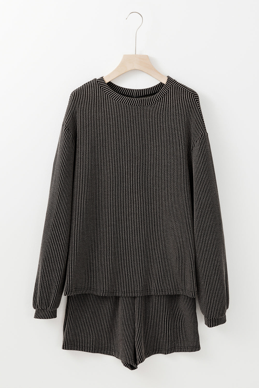 Carbon Grey Corded Long Sleeve Top and High Waist Shorts Set
