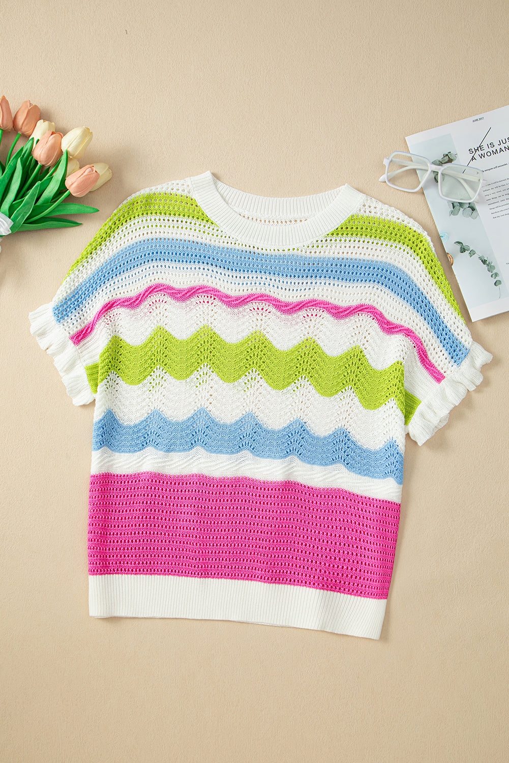 White Color Block Ruffled Short Sleeve Knitted T Shirt