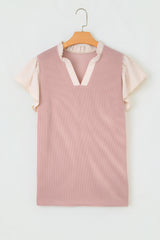 Fushia Plus Size Contrast Frilled Neckline Ruffled Short Sleeve Ribbed Textured Blouse