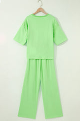 Light Green Lace Patchwork Half Sleeve Top Elastic Waist Pants Two Piece Set
