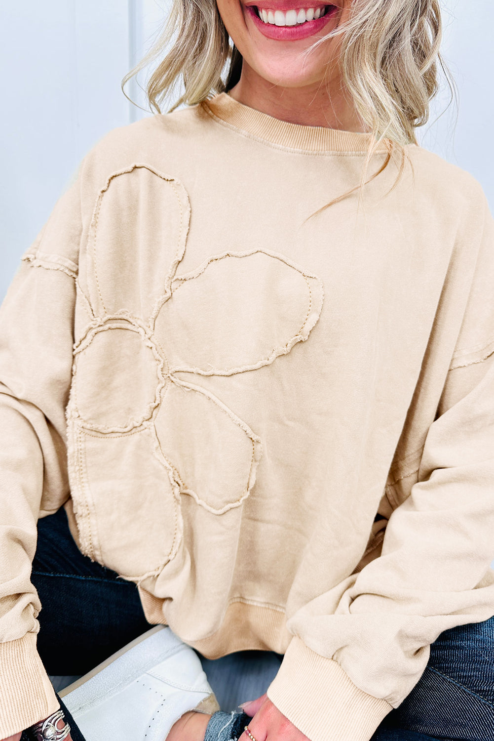 Beige Flower Pattern Round Neck Long Sleeve Plus Size Top