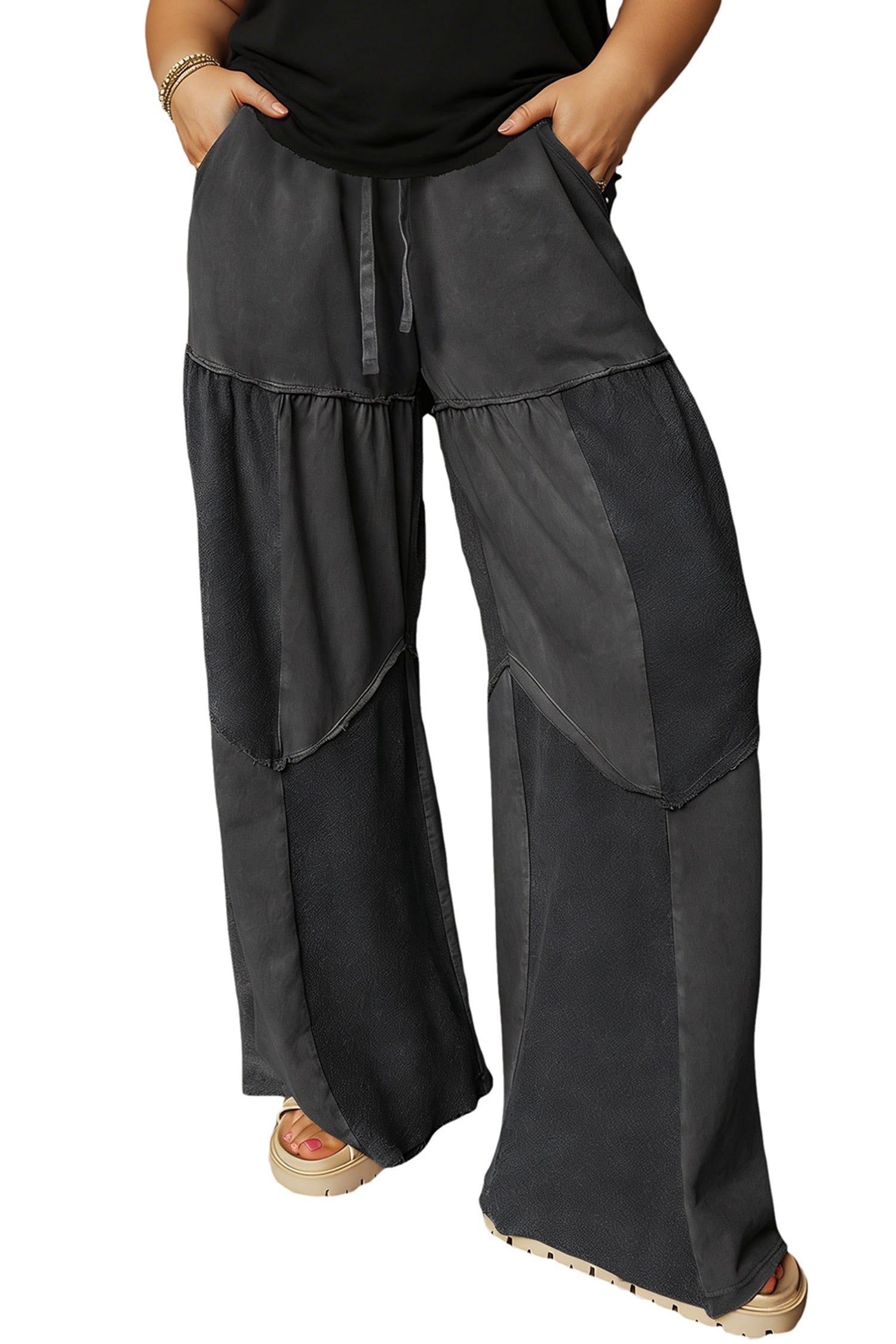 Black Plus Size Mineral Wash Exposed Seam Patchwork Drawstring Loose Pants