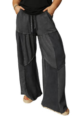 Black Plus Size Mineral Wash Exposed Seam Patchwork Drawstring Loose Pants