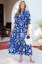 Blue Wild Floral Print Frilled Collar Half Sleeve Long Dress