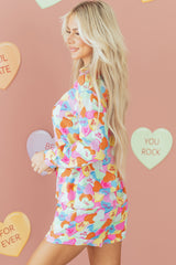 Pink Valentines Candy Heart V Neck Collared Tunic Shirt and Shorts 2pcs Pajama Set