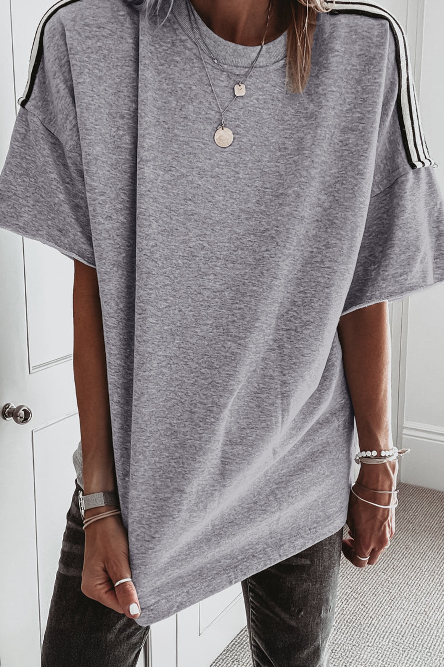 Light Grey Patchwork Detail Raw Edge Oversize Tee