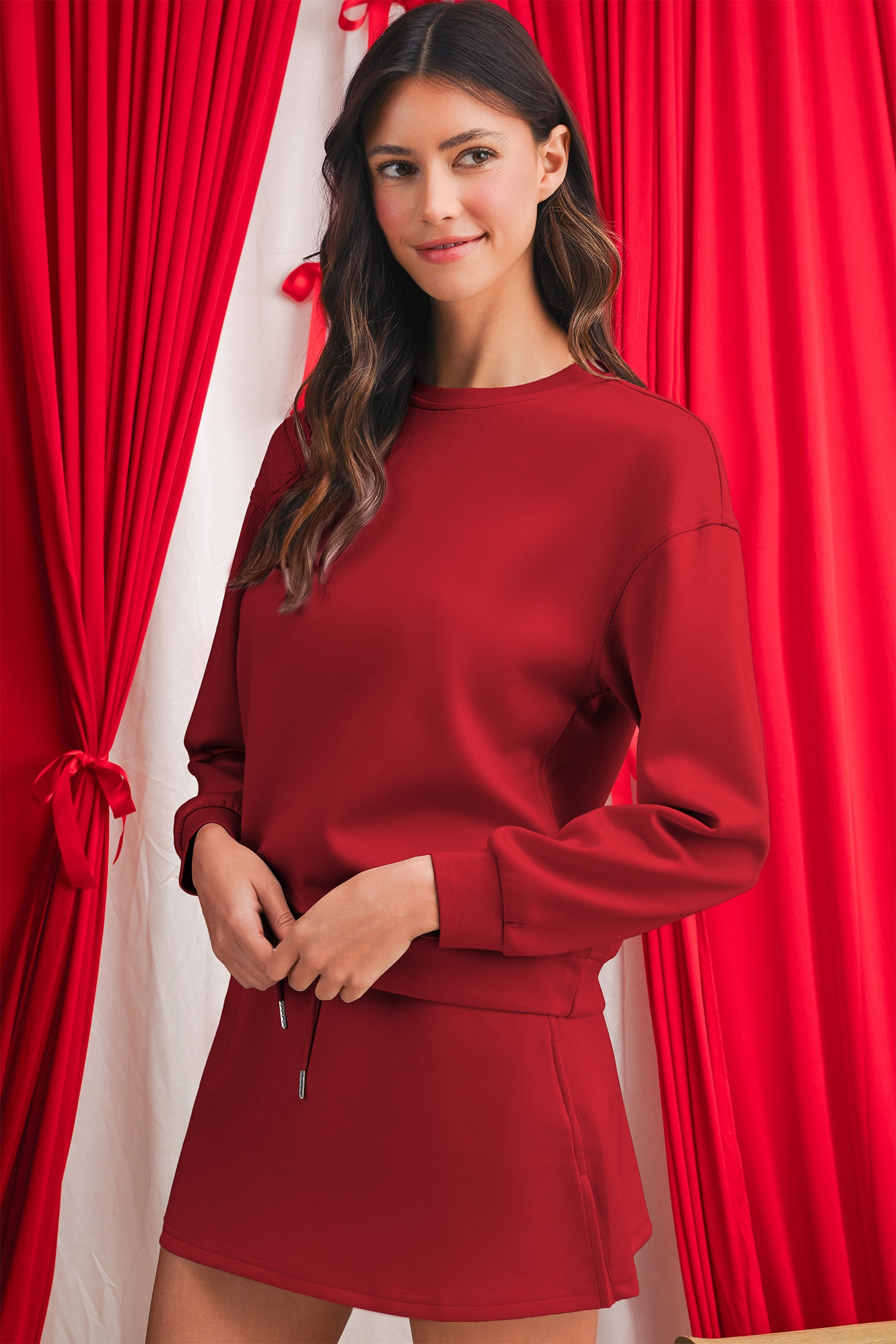 Racing Red Solid Color Drop Shoulder Pullover Drawstring Mini Skirt Set