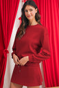 Racing Red Solid Color Drop Shoulder Pullover Drawstring Mini Skirt Set