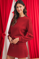Racing Red Solid Color Drop Shoulder Pullover Drawstring Mini Skirt Set