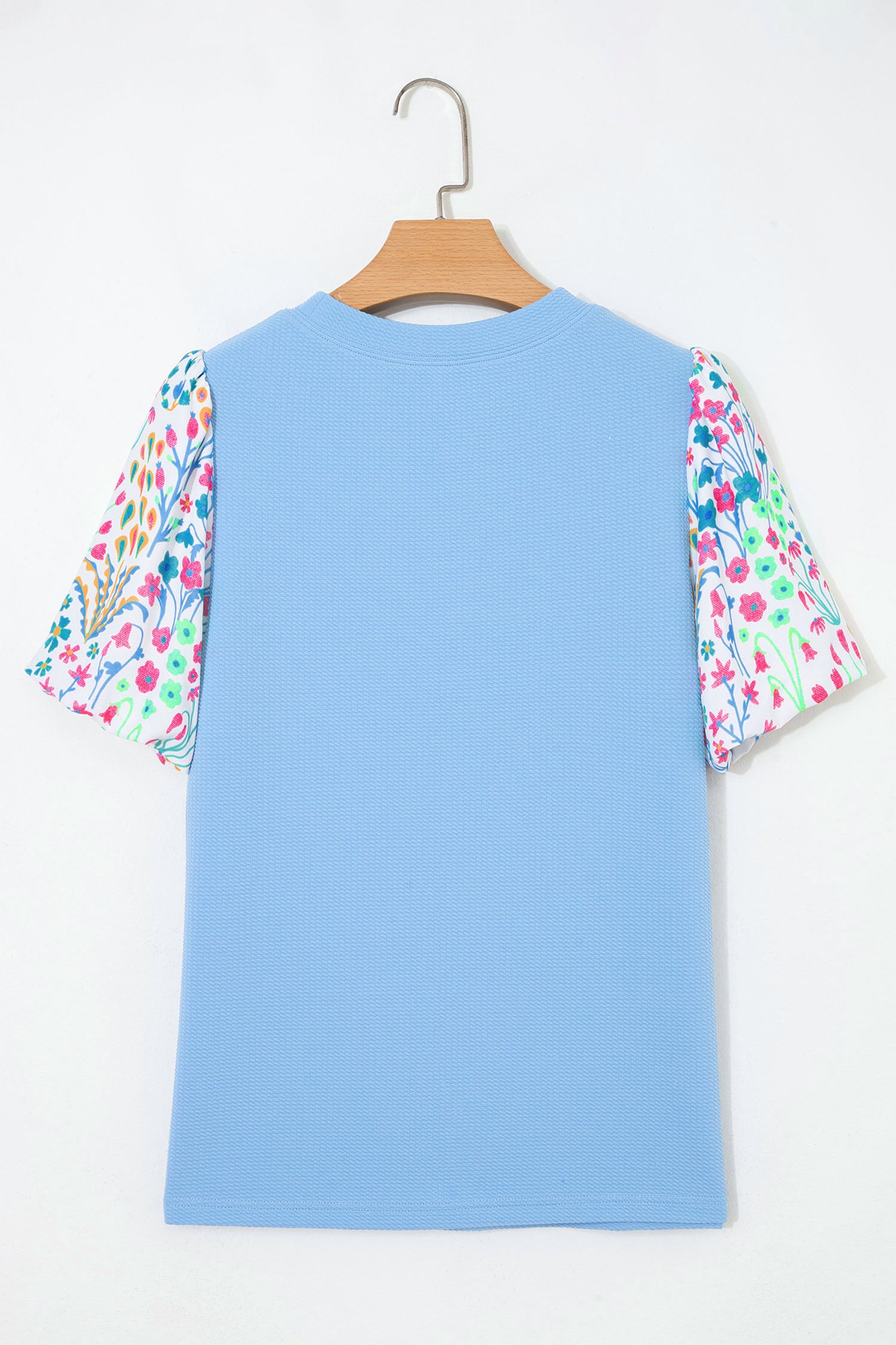 Light Blue Textured Bodice Contrast Floral Sleeve Plus Size Top