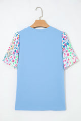 Light Blue Textured Bodice Contrast Floral Sleeve Plus Size Top