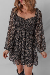 Black Floral Long Sleeve Frilly Shirred Square Neck Mini Dress