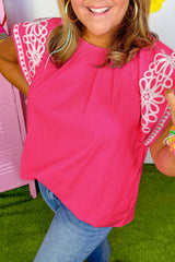 Strawberry Pink Floral Embroidered Flutter Sleeve Pleated Plus Size Blouse