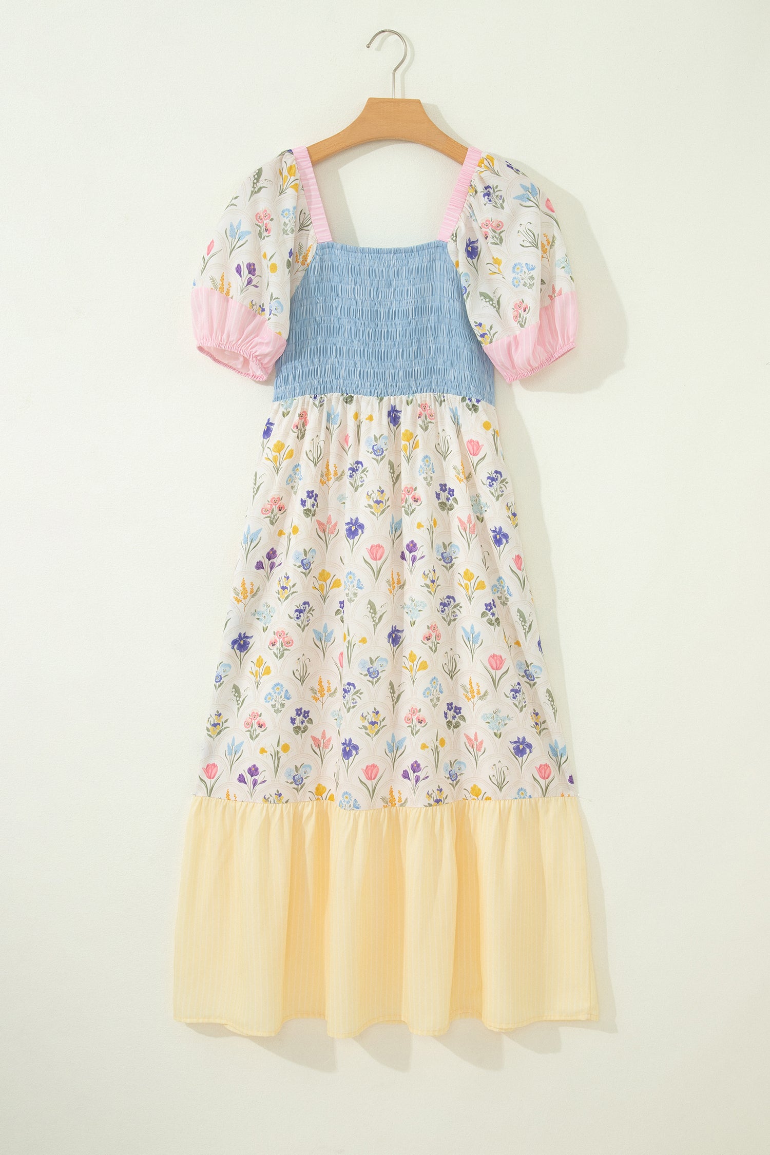 Multicolour Floral Print Striped Color Block Patchwork Square Neck Shirred Long Dress