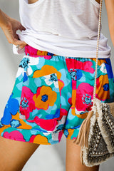 Multicolor Floral Print Drawstring Elastic Waist Shorts