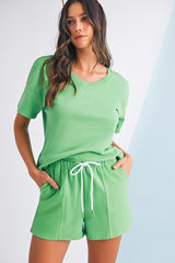 Mint Green V Neck Drop Shoulder Tee and Patchwork Shorts Set