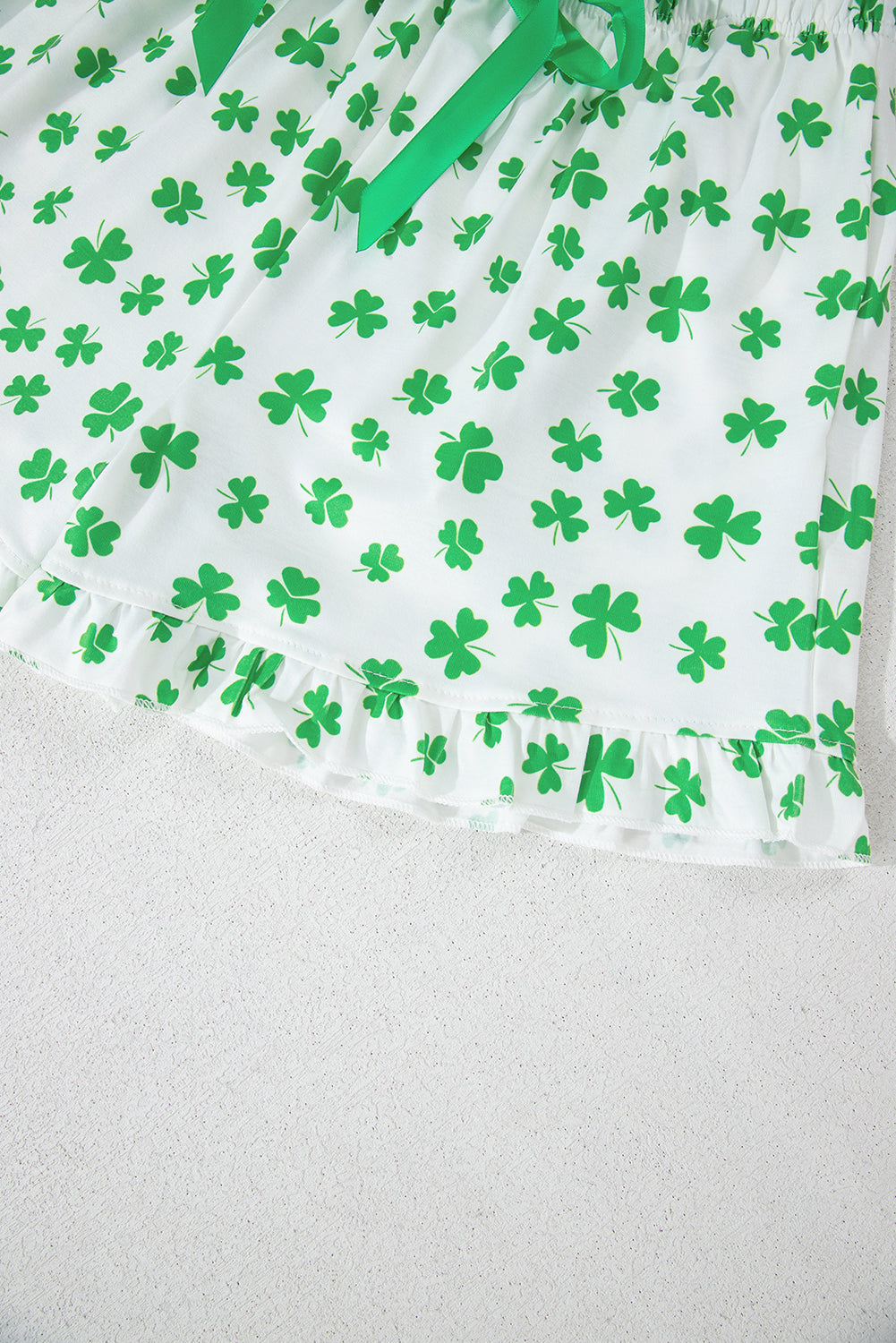 Green St Patricks Day Clover Print Shirt and Ruffle Hem Shorts Pajama Set