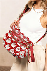 Fiery Red Father Christmas Print Double Zip Holiday Crossbody Bag