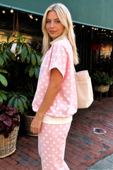 Pink Polka Dot Print Mock Neck Short Sleeve Top Shift Pant Set