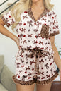 White Chic Bow Cherry Printed Leopard Contrast Patchwork Shirt Drawstring Shorts 2pcs PJ Set
