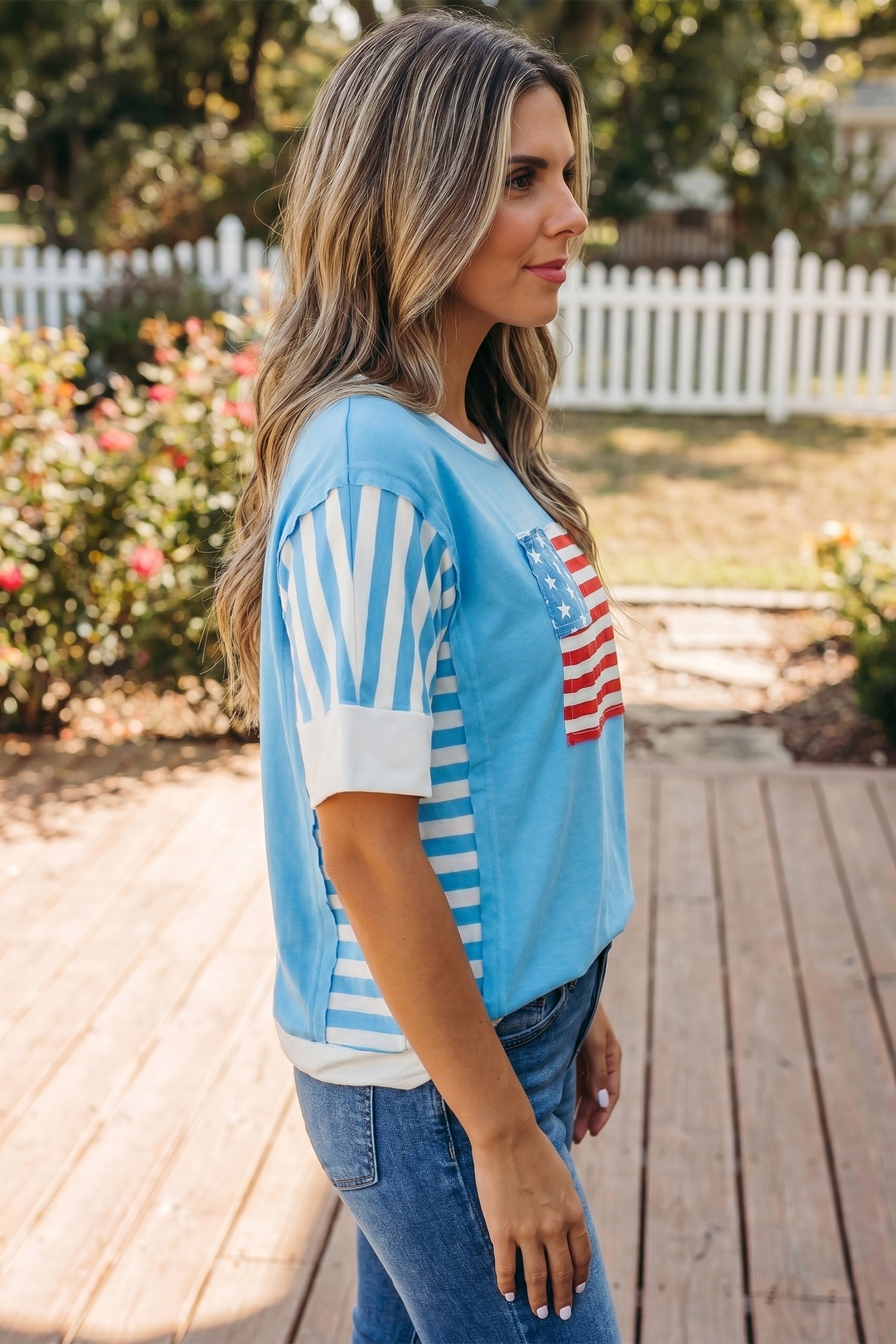 Light Blue Flag Print Patchwork Colorblock July 4th T Shirt