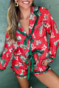 Red Christmas Print Contrast Frill Trim Ribbon Bow Pajama Set