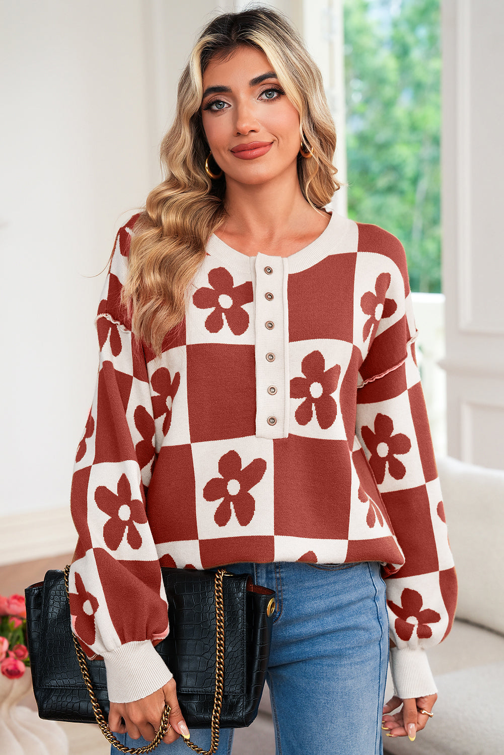 Red Dahlia Flower Colorblock Checkered Henley Sweater