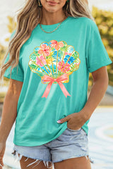 Mint Green Vibrant Floral Glitter Shell Graphic Relaxed T Shirt