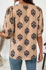 Apricot Floral Print Half Button Puff Sleeve Blouse