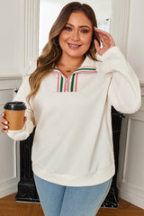 Beige Plus Size Rhombus Texture Contrast Striped Collar Baggy Sweatshirt