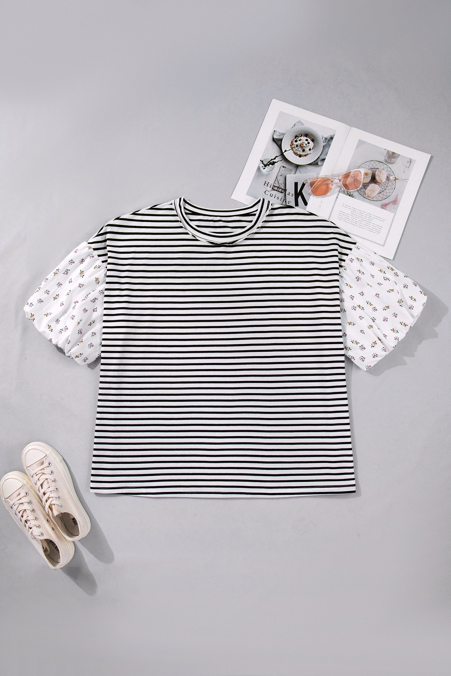 Black Stripe Plus Size Striped Short Sleeve Top with Floral Puff Sleeves