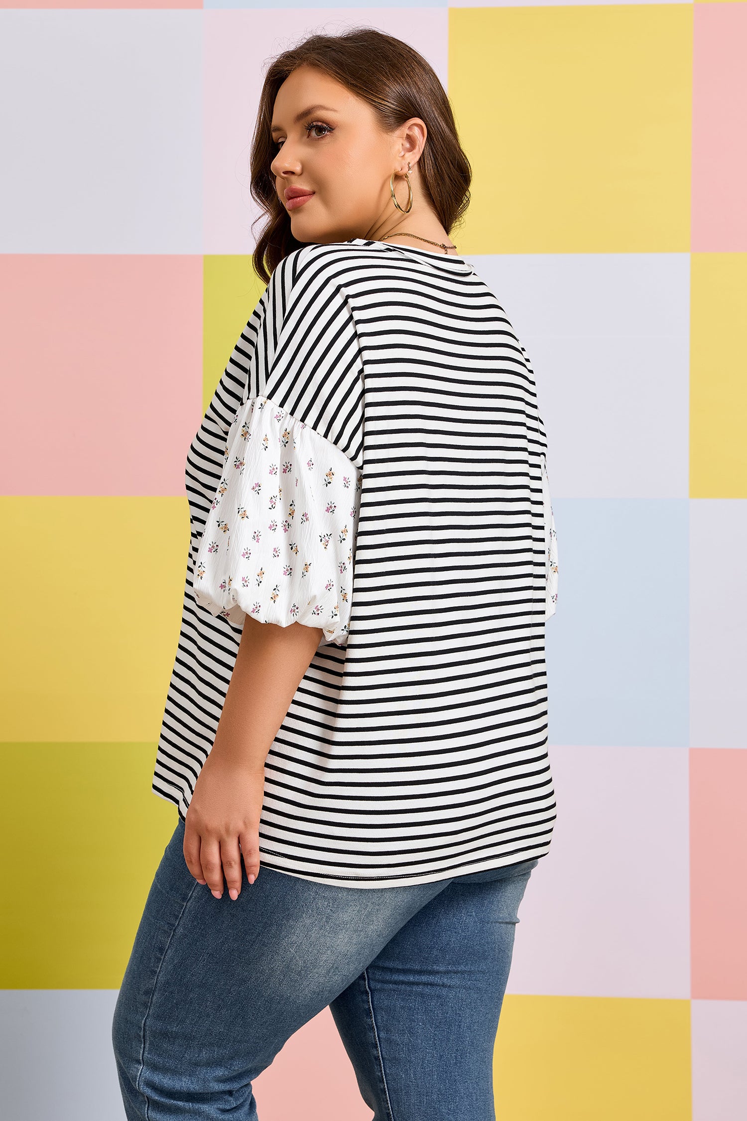 Black Stripe Plus Size Striped Short Sleeve Top with Floral Puff Sleeves