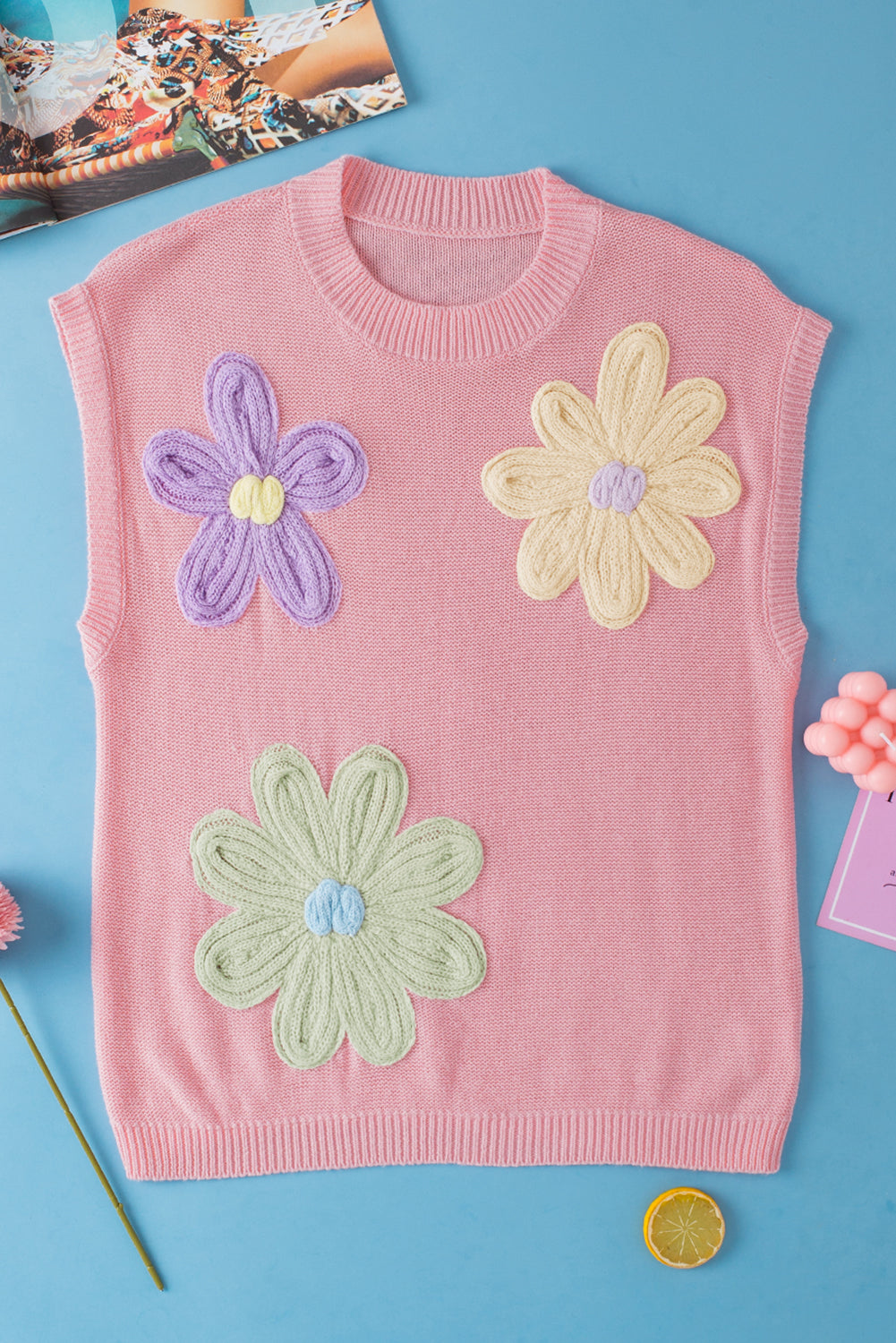 Pink Flower Patch Knit Round Neck Tee