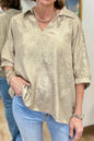 Casual Collared V Neck Half Sleeve Metallic Top