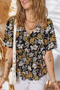 Black Floral Print V Neck Smocked Babydoll Blouse