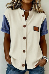 Beige Denim Patchwork Short Sleeve Ribbed Shirt