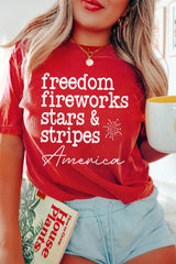 Red Freedom Fireworks American Patriotic Slogan Printed T Shirt