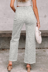 Gray Leopard Frayed Edge Wide Leg High Waist Jeans