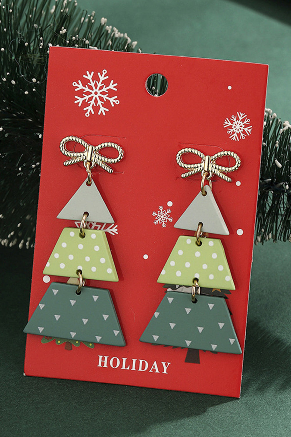 Light Green Geometric Print Christmas Tree Drop Earrings