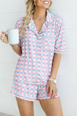 Purple Checkered Pattern Short Sleeve Pajama Set