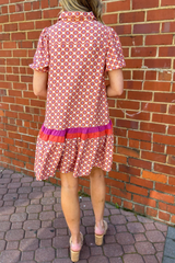 Orange Geometric Floral Print Color Block Trim Button Front Ruffle Hem Dress