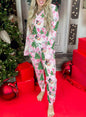 Pink Christmas Pattern Button V Neck Pullover Drawstring Pants 2pcs Lounge Set