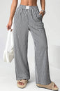 Black Striped Elastic Waistband Pocketed Loose Pants